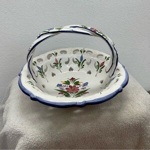 Vintage RCNCL White Porcelain Basket With Blue Trim And Floral Detail Braided